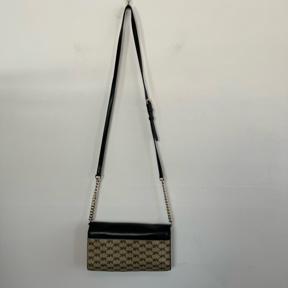Michael Kors Crossbody Bag Black Brown MK Logo Leather Gold Chain Shoulder Bag - Picture 7 of 11